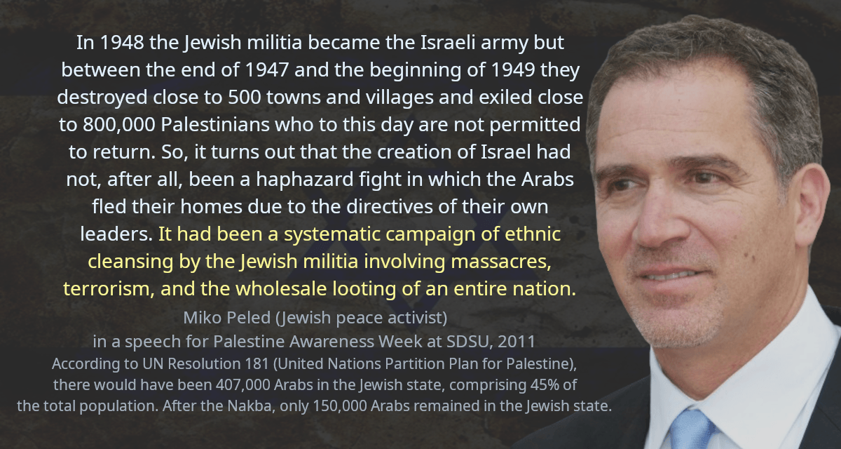 In 1948 the Jewish militia became the Israeli army but between the end of 1947 and the beginning of 1949 they destroyed close to 500 towns and villages and exiled close to 800,000 Palestinians who to this day are not permitted to return. So, it turns out that the creation of Israel had not, after all, been a haphazard fight in which the Arabs fled their homes due to the directives of their own leaders. It had been a systematic campaign of ethnic cleansing by the Jewish militia involving massacres, terrorism, and the wholesale looting of an entire nation.