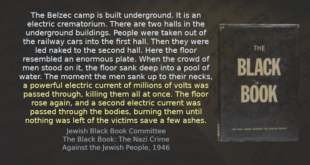 The Belzec camp is built underground. It is an electric crematorium. There are two halls in the underground buildings. People were taken out of the railway cars into the first hall. Then they were led naked to the second hall. Here the floor resembled an enormous plate. When the crowd of men stood on it, the floor sank deep into a pool of water. The moment the men sank up to their necks, a powerful electric current of millions of volts was passed through, killing them all at once. The floor rose again, and a second electric current was passed through the bodies, burning them until nothing was left of the victims save a few ashes.