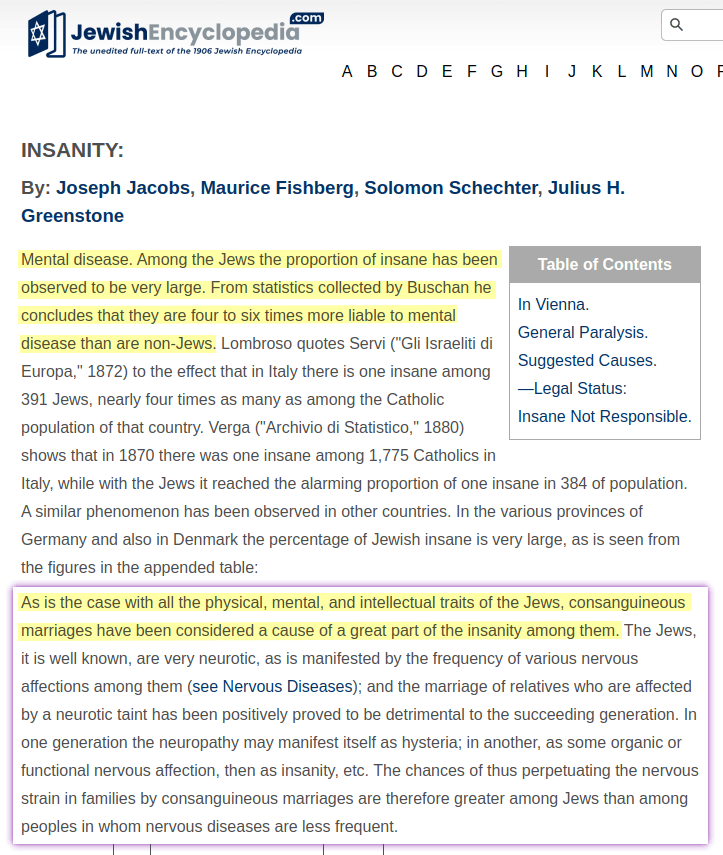 Among the Jews the proportion of insane has been observed to be very large. From statistics collected by Buschan he concludes that they are four to six times more liable to mental disease than are non-Jews. [&hellip;] As is the case with all the physical, mental, and intellectual traits of the Jews, consanguineous marriages have been considered a cause of a great part of the insanity among them. The Jews, it is well known, are very neurotic, as is manifested by the frequency of various nervous affections among them and the marriage of relatives who are affected by a neurotic taint has been positively proved to be detrimental to the succeeding generation.